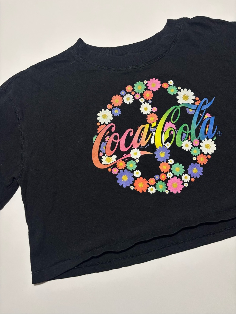 Coca-Cola Black & Neon Floral Peace Sign Graphic Cotton Cropped Boyfriend Tee